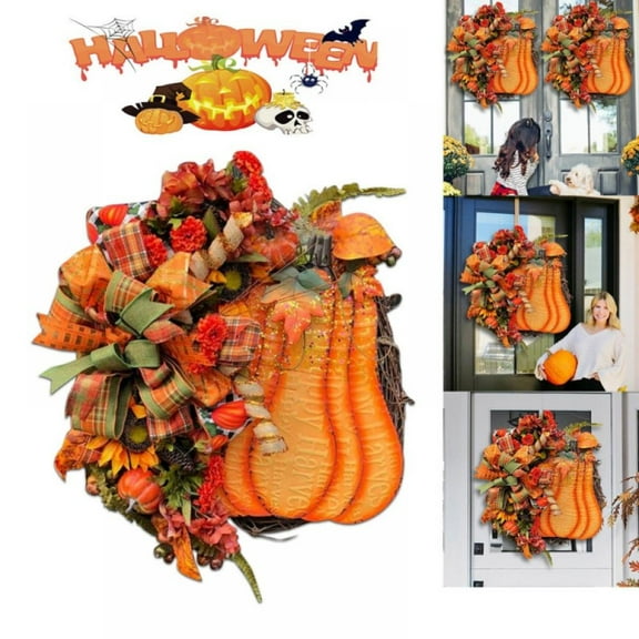 Halloween Pumpkin Welcome Hanging Sign Front Door Decor Fall Decorative Bow Maple Leaf Wreath Wooden Welcome Sign Rustic Porch Decoration for Home Office Garden Farmhouse 12 Inch