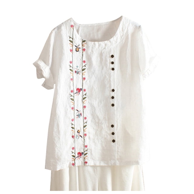 WEIYLL T-Shirt Femme Rétro en Lin Brodé Manches Courtes Blanches Tailles TTTG