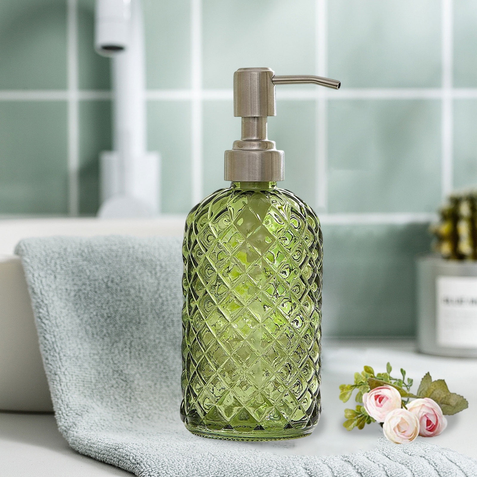 Foaming Soap Dispenser Glass Bottle, Green Pineapple Design Refillable Hand Soap Pump for Bathroom Sink, Kitchen Counter, Shower & Body Wash Container (1 Pc)