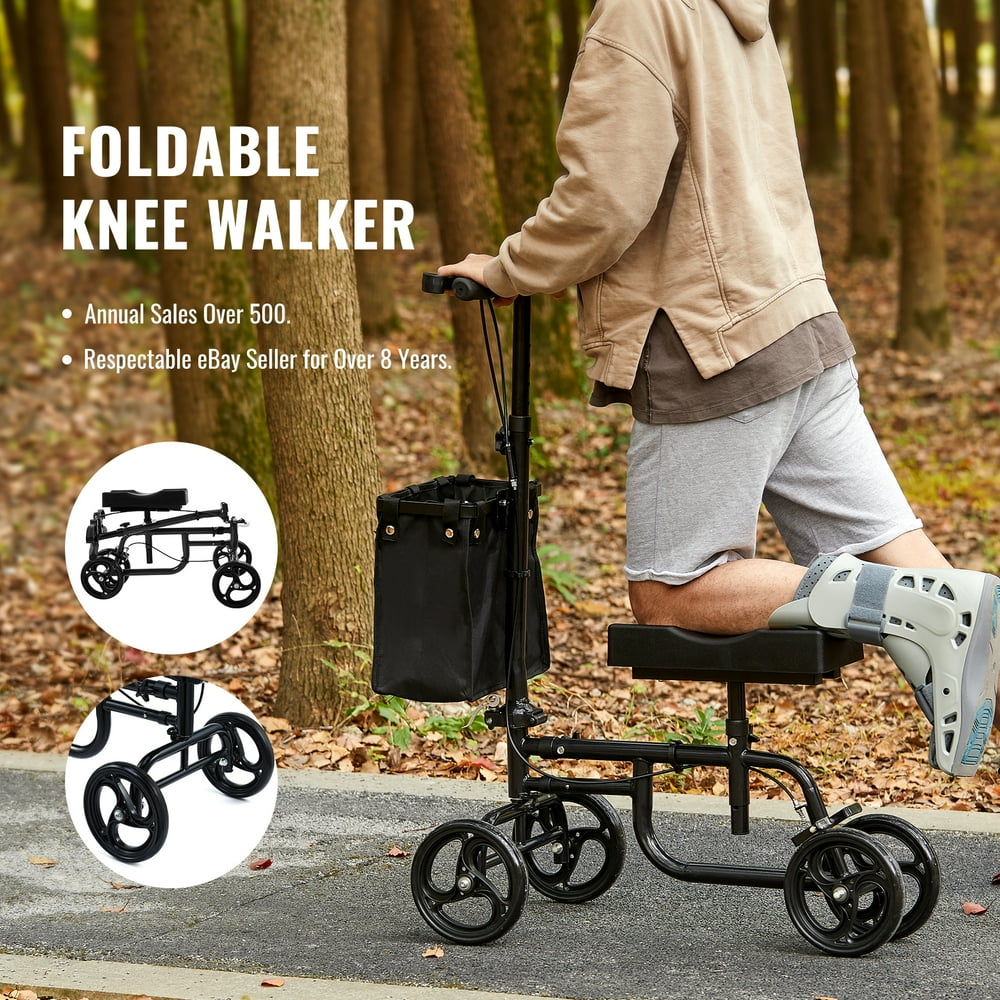 Foldable Knee Scooter Walker with Adjustable Kneeling Pad & Handlebar Black