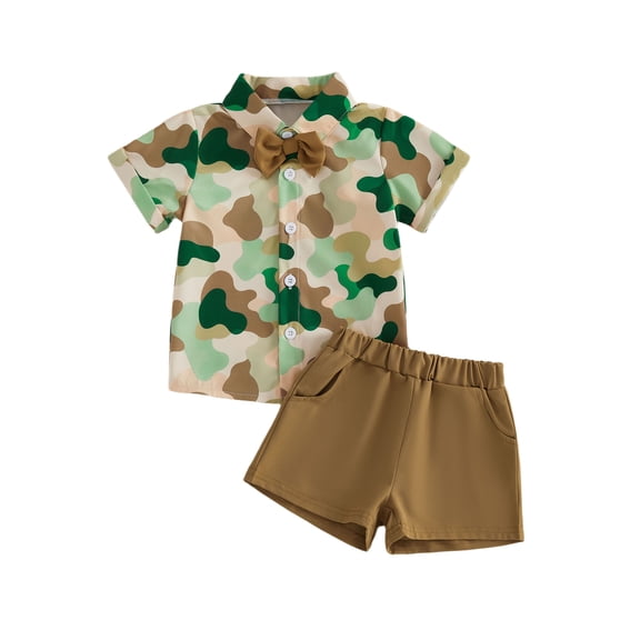 BemeyourBBs Toddler Baby Boy Hunting Clothes Summer Camouflage Outfit Camo Short Sleeve Butt Down Bowtie Shirts and Pockets Shorts 2 Piece Set