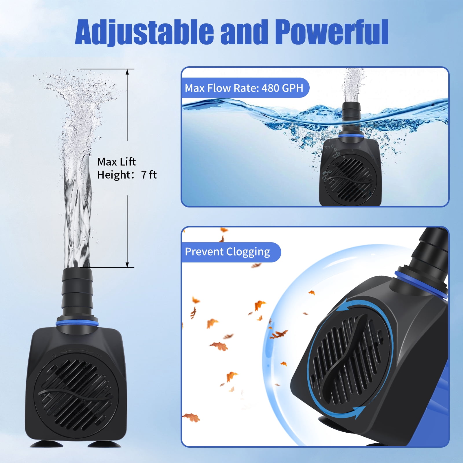 Aquaneat Fountain Pump, 480 GPH Submersible Water Pump with 5 ft Tubing, for Aquarium Fish Tank, Water Table, Waterfall, Hydroponics
