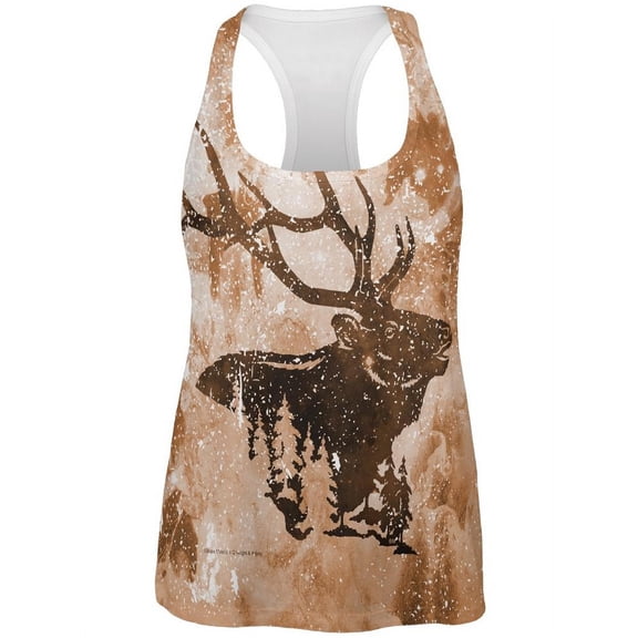 Distressed Brown Elk Silhouette All Over Womens Work Out Tank Top Multi 2XL