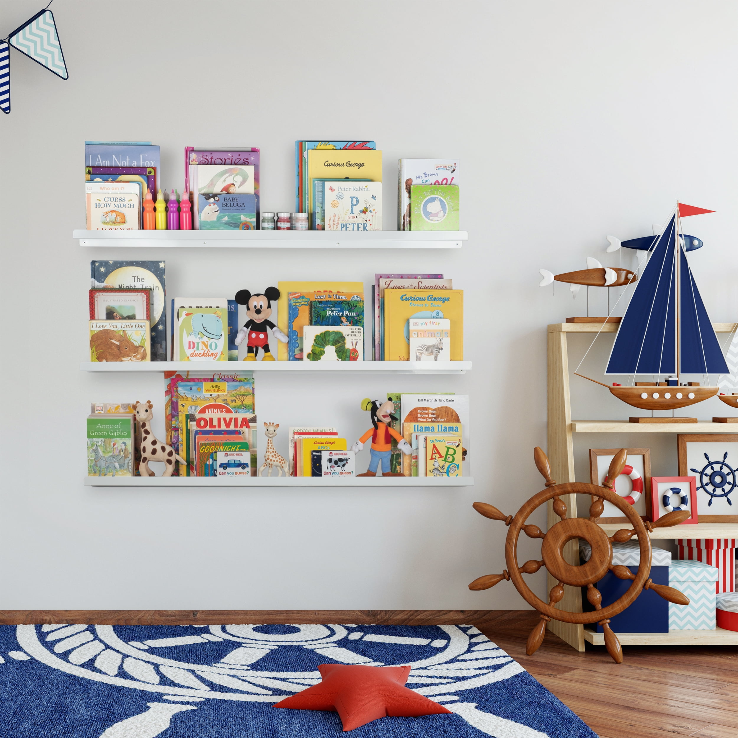 white bookshelf baby room