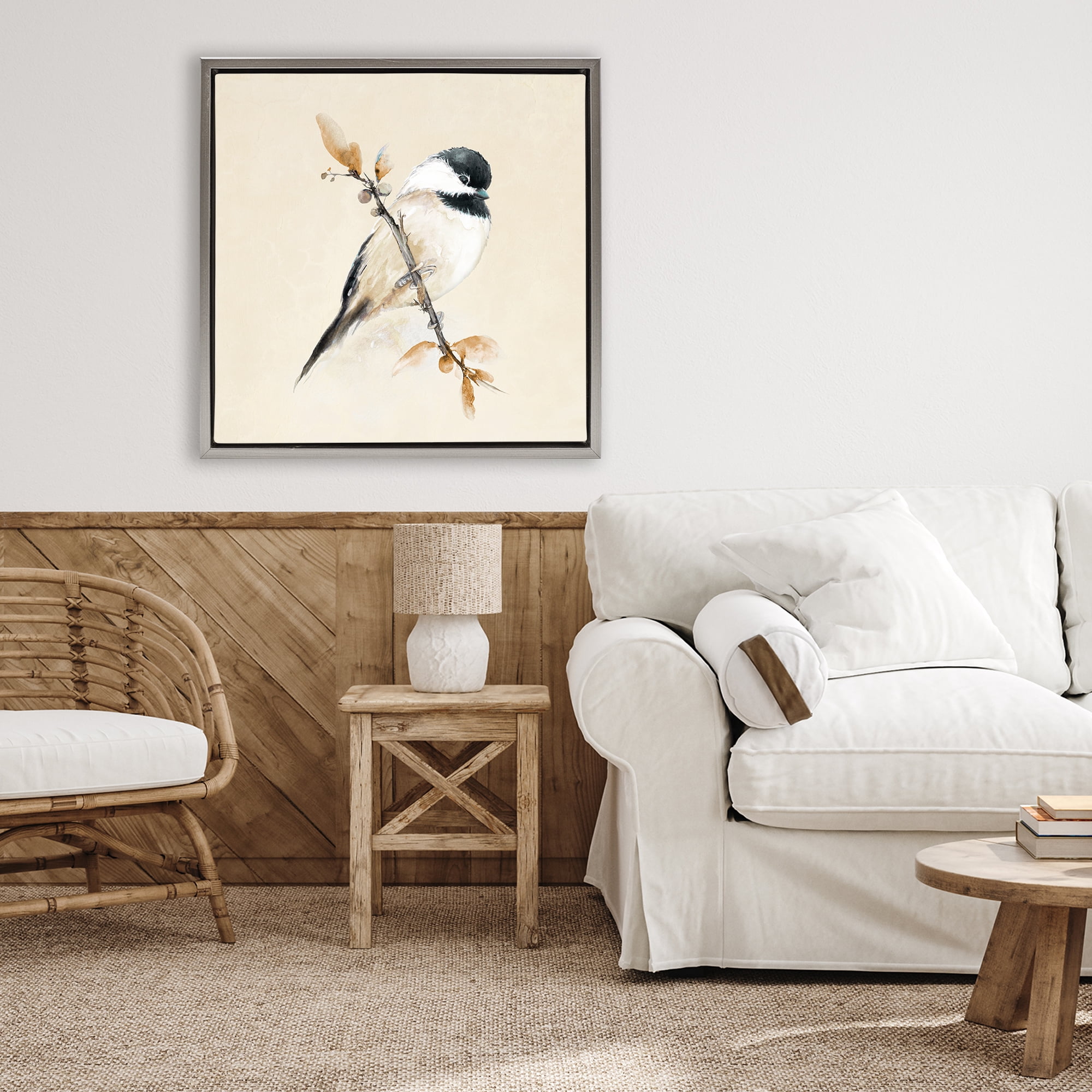 Stupell Industries Muted Watercolor Chickadee Gray Framed Floater Canvas Wall Art, design by Diannart