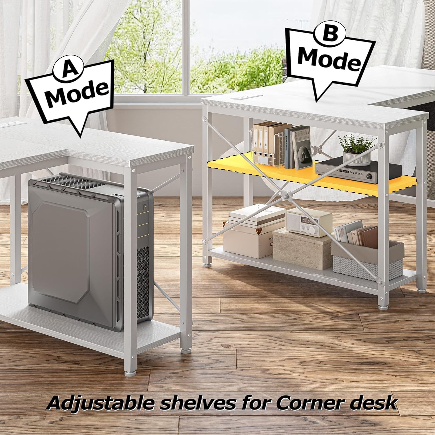 48 Inch L Shaped Computer Desk with Storage Shelves & Side Bag, Office Desk with Power Outlets, Small Corner Desk for Gaming Working Small Space Home Office Bedroom, Study Writing Table, White
