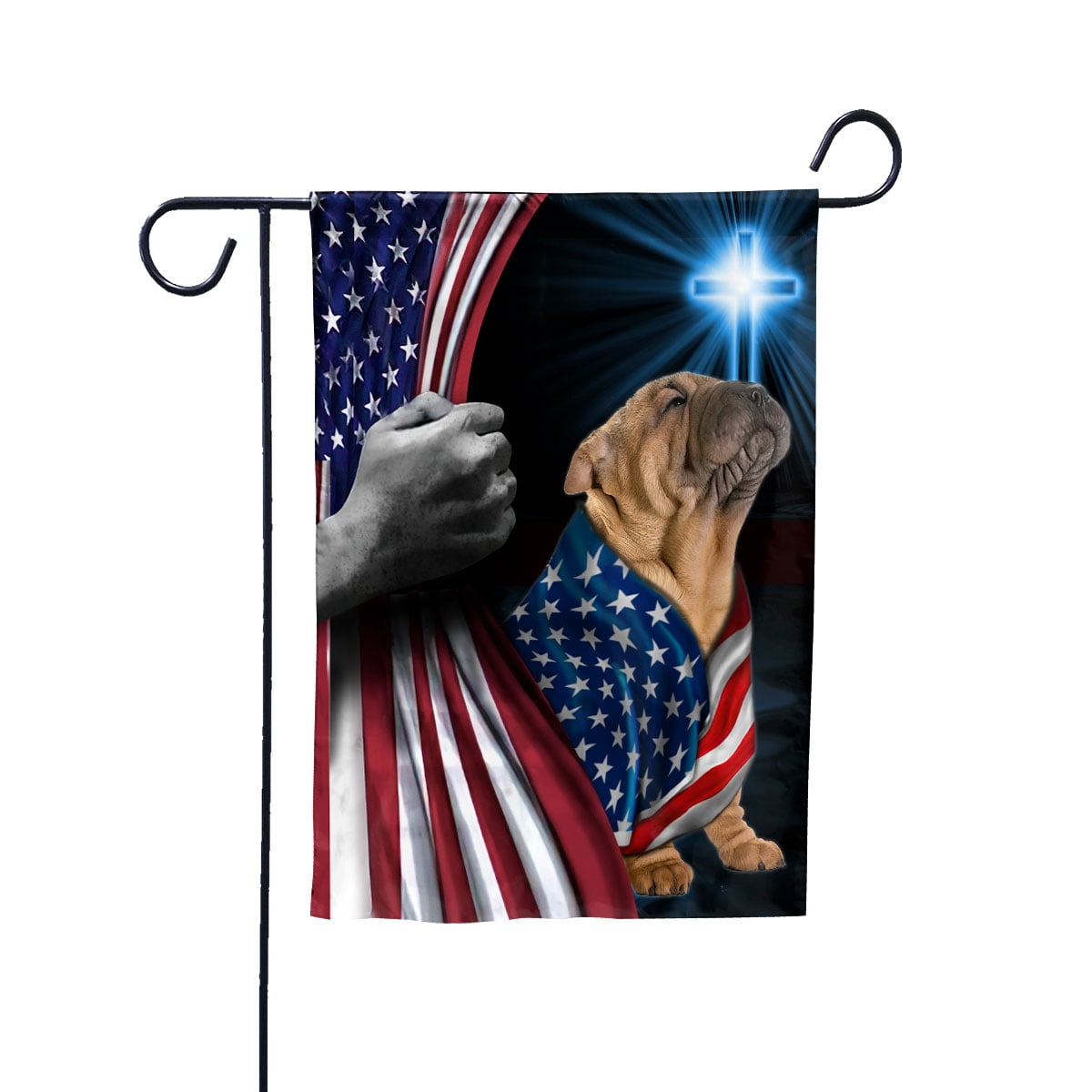 Hand Pulling USA Flag Shar Pei Dog Wearing Flag American Standing under Cross Christian Patriotic House Flag (3x5) Double Sided- Premium Polyester-Decorative Indoor Outdoor Flag