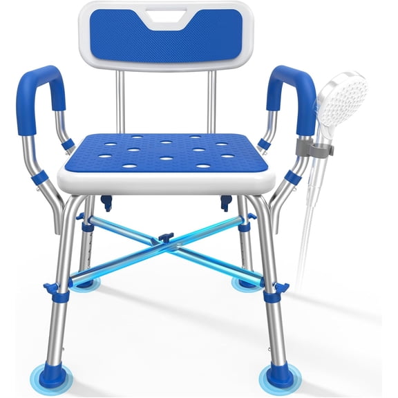 FSA/HSA Eligible Shower Chair for Inside Shower with Reinforced Crossing Bar, Heavy Duty Shower Seat 500lbs with Padded Arms and Back, Height Adjustable Shower Chair for Elderly and Disabled