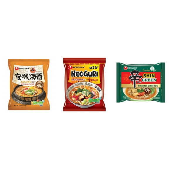 3 Pack Korean NongShim Gourmet Spicy Shin Instant Ramen Noodle, 3 Flavors(Ansung,Neoguri,shin Green) Plus NineChef Brand Long Handle Coffee Spoon
