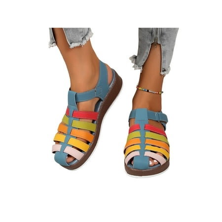 

Sanviglor Womens Sandals Summer Casual Shoes Closed Toe Gladiator Sandal Walking Lightweight Strappy Wedge Beach Blue 9