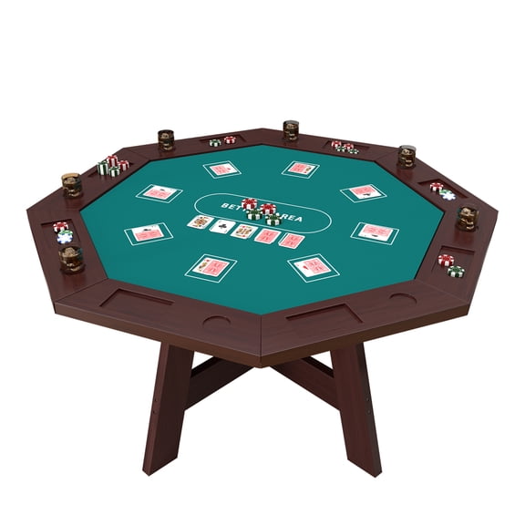Avocahom Solid Wood Octagonal Poker Table for 6-8 Players, 59.8" Multi-Game Card Table with Play Mat, 8 Cup Holders & 8 Hobby Trays, Heavy-Duty Dark Walnut Finish for Game Room or Man Cave