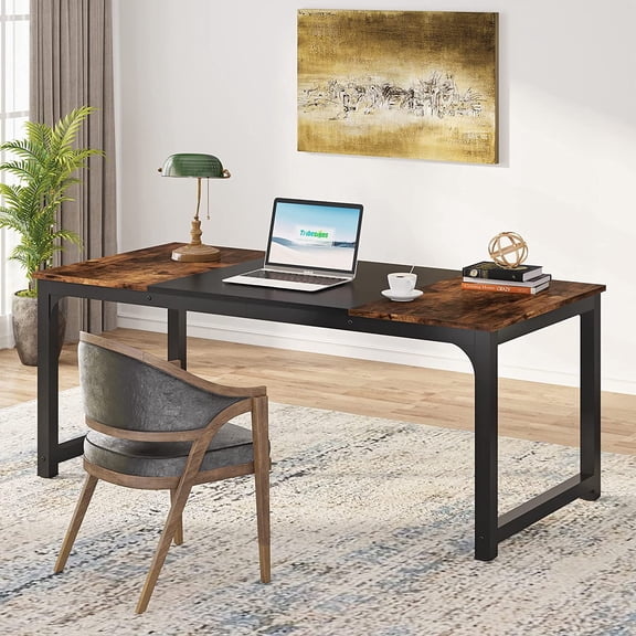 Finmind 63" Large Computer Desk, Modern Office Desk Computer Table Study Writing Desk Workstation for Home Office, Vintage Brown & Black