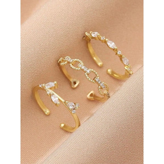 3-Piece Yellow Gold-Tone Adjustable Ring Set With Clear Rhinestones For Women