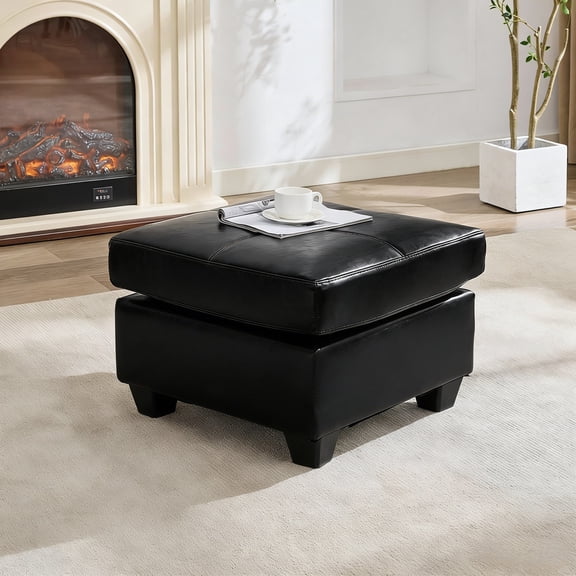 LAZZO Leather Ottoman, Square Faux Leather Bench with Extra Deep Cushion, Multi-Functional Footrest & Extra Seating for Living Room Bedroom, Black
