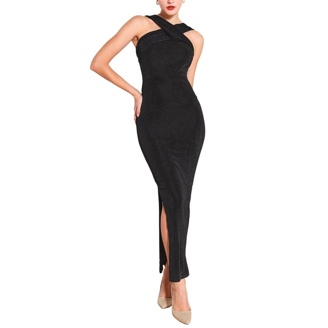 INSPIRE CHIC Vestido sin mangas con cuello halter, abertura en el dobladillo, vestido de cóctel ajustado tipo maxi para mujeres, 2XL, negro