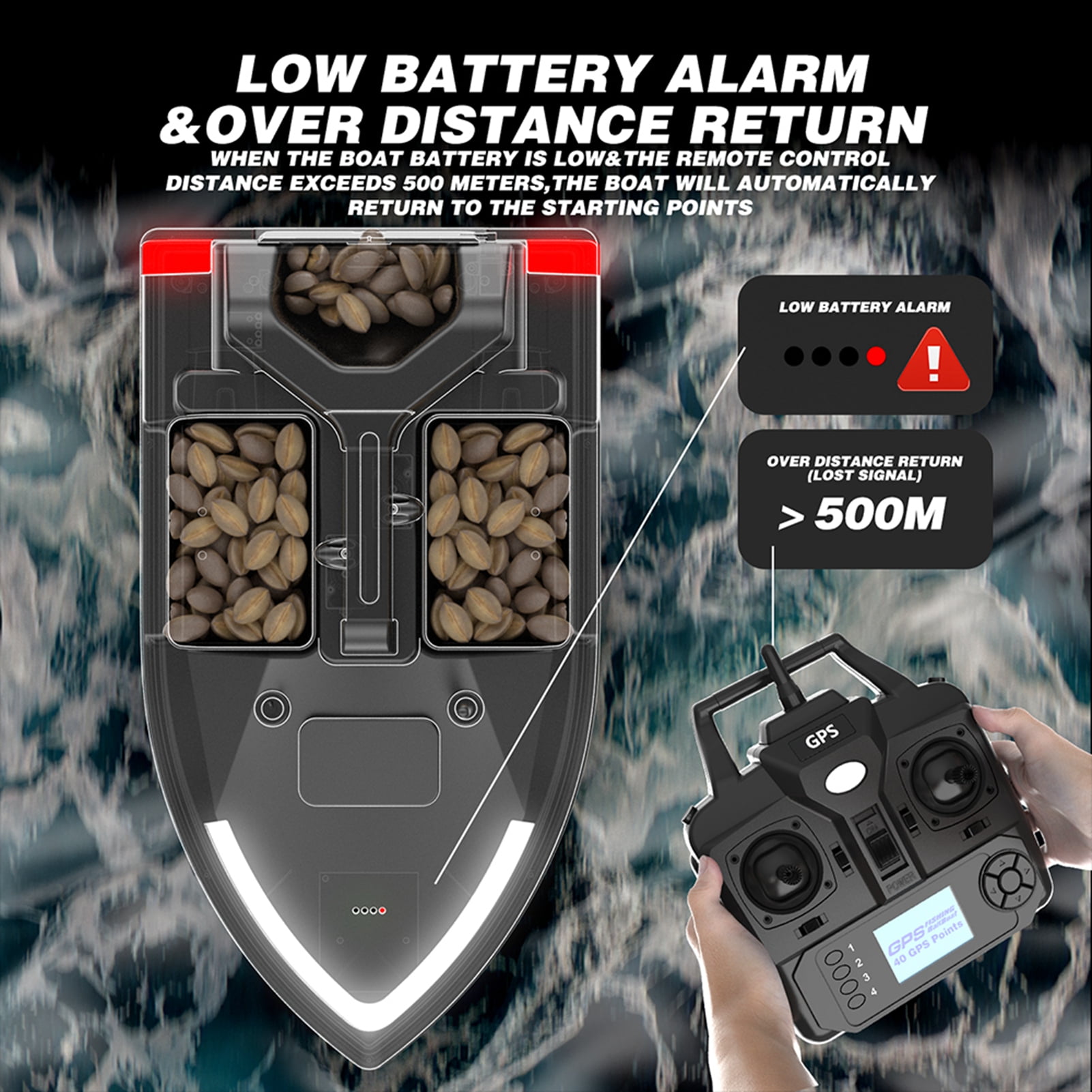 Light GPS Fishing Bait Boat 500m Remote Control Bait Boat Dual Motor Fish Finder 2KG Loading Support Automatic Cruise/Return/Route Correction With Night Light Turn Signal For