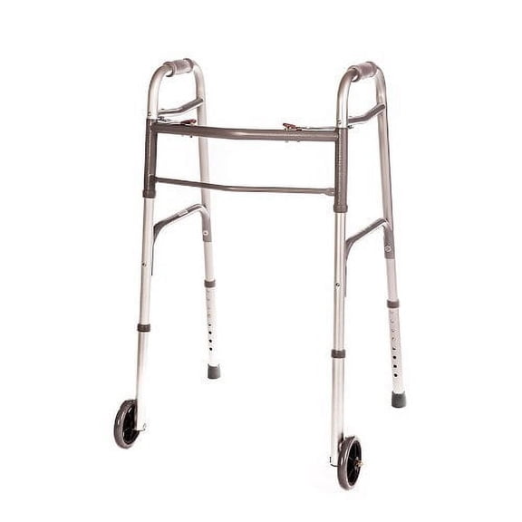 Walker Folding Deluxe 2 Button with Front 5" Wheels, Adjustable Height (Short, Standard, Tall People) by Healthline Trading