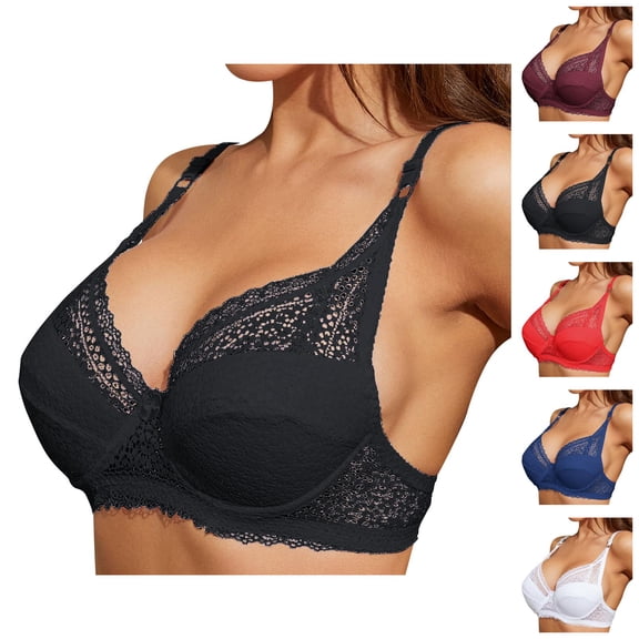 Push Up Bras for Women Lightweight Lace Deep V Neck Side Support Underwire Bralettes Everyday Bra