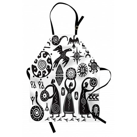 

Primitive Apron Dancing Shaman Eagle Sun Snake Figure Prehistoric Cave Drawing Tribal Folk Theme Unisex Kitchen Bib Apron with Adjustable Neck for Cooking Baking Gardening Black White by Ambesonne