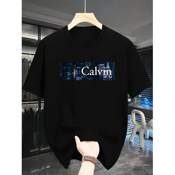 Calvin Men's Stylish Black Casual Athletic T-Shirt - Round Neck, Short Sleeve, Machine Washable, Summer Essential for Leisure Outings