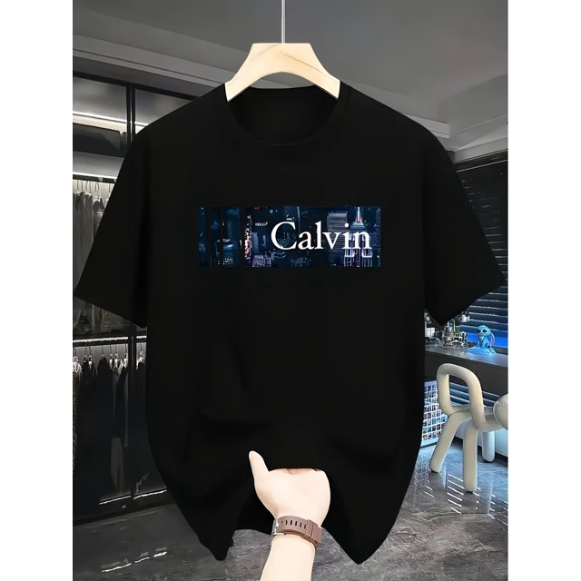 Calvin Men's Stylish Black Casual Athletic T-Shirt - Round Neck, Short Sleeve, Machine Washable, Summer Essential for Leisure Outings