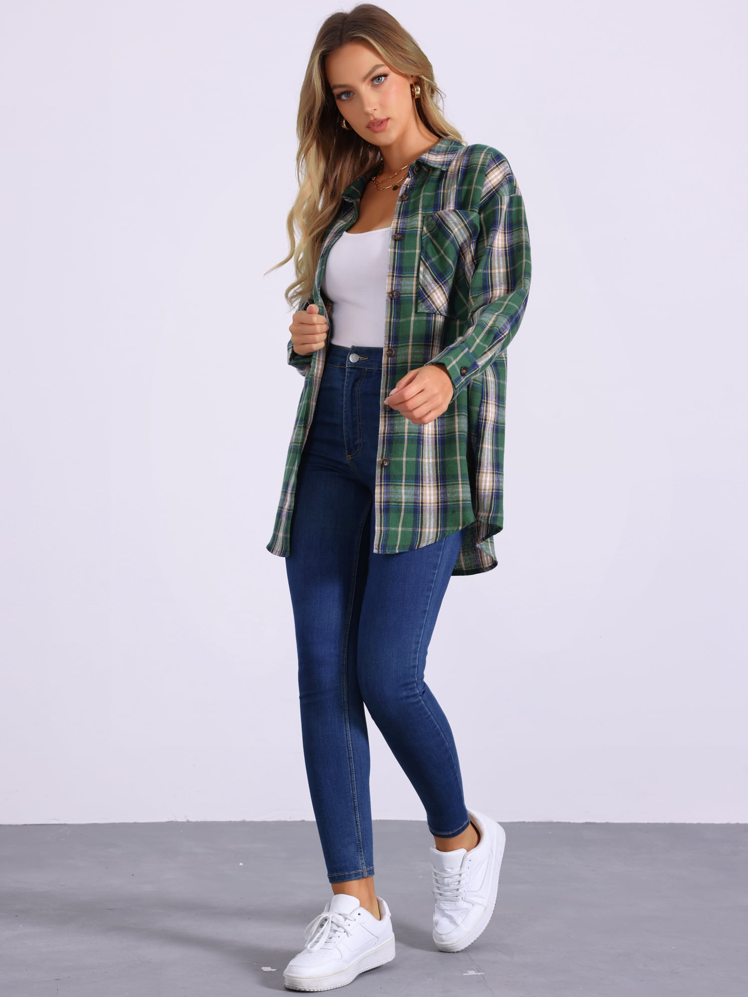 DARING DIVA Women's Long Sleeve Plaid Button Down Shirt Blouse Top XS Green