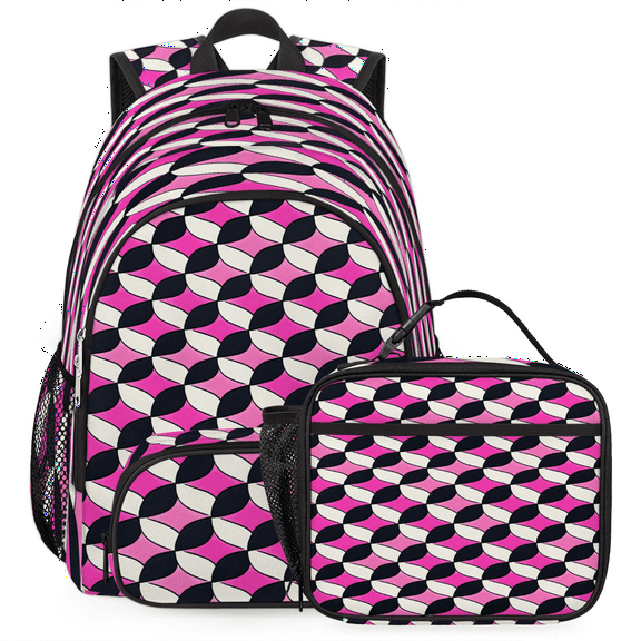 Herdesigns Pink and Black Large Backpack Set with Lunch Box Lightweight Water Resistant Travel Laptop Backpacks Casual Daypacks for Women Men, Geometric