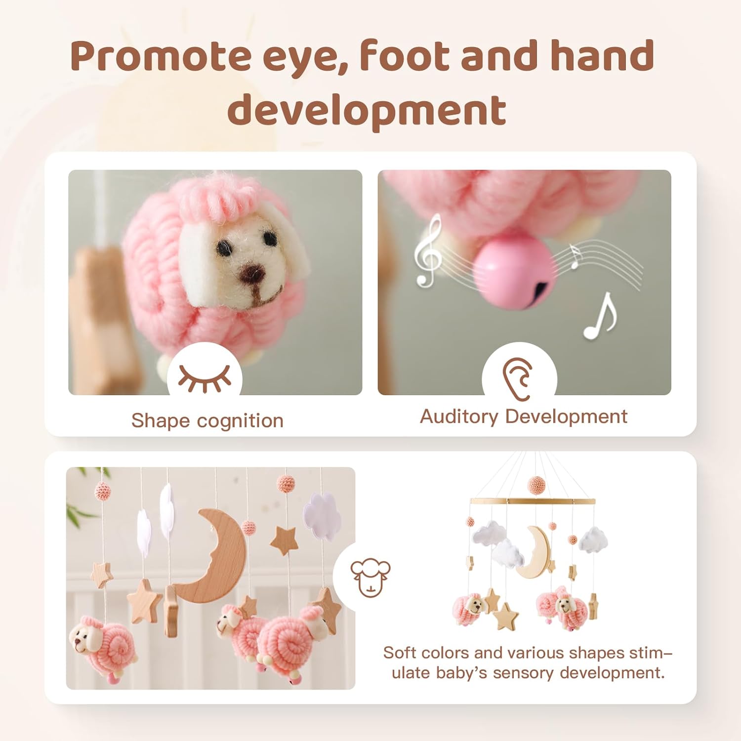 Wooden Baby Crib Mobile – Montessori-Inspired Nursery Decor with Soft Neutral Tones, Handcrafted Hanging Toy for Newborns 0-6 Months, Calming Visual & Sound Stimulation Gift​
