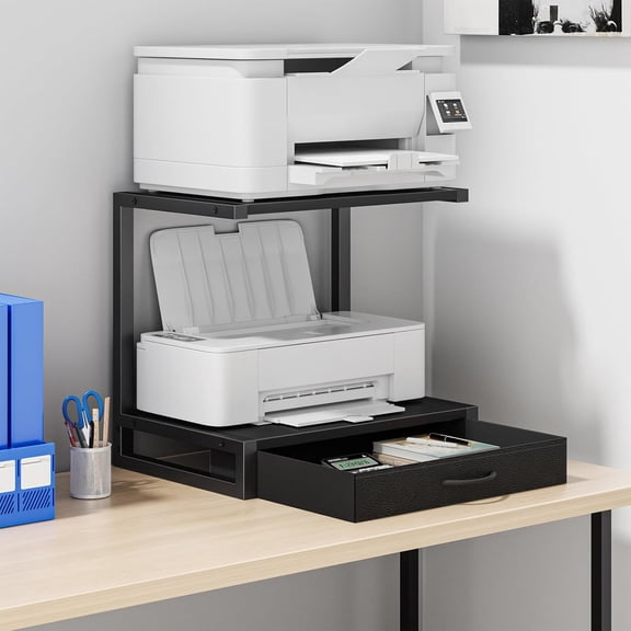 2-Tier Desktop Printer Stand with Fabric Drawer, Prtiner Table with Storage Shelf, Desk Organizer for Home Office,3D Printer,Fax Machine,Scanner, 17.3"x11.8" Black