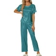 thumbnail image 2 of cheibear Women's Satin Pajamas Set Summer Outfits Short Sleeves Tops with Pants Silky Lounge Sets L Peacock Green, 2 of 5