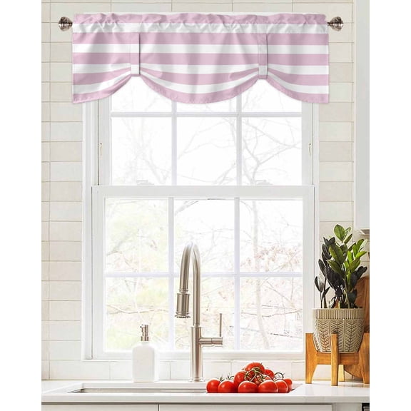 Tie Up Valance Curtain for Kitchen,Modern Striped Lines Rod Pocket Short Curtains Adjustable Tie-Up Shade Valances,Pink and White Window Treatment for Bathroom Living Room Bedroom