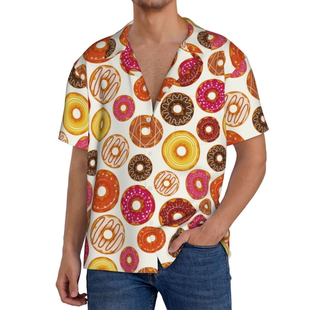 Fotbe Donut Camisa Estampada de Manga Corta para Hombre, Casual de Verano, Estilo Playero, Sin Arrugas-Large