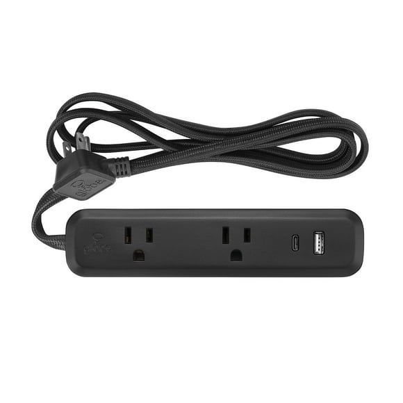 Globe Electric 2-Outlet Black Flat Plug Power Strip with USB Charging Ports and 6 ft Fabric Extension Cord