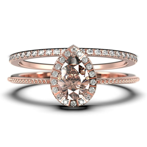 Art deco 1.75 Carat Vintage Pear Cut Morganite And Diamond Moissanite Engagement Ring Set, Wedding Ring in 10k Solid Rose Gold, Gift For Her Promise Ring Anniversary Ring