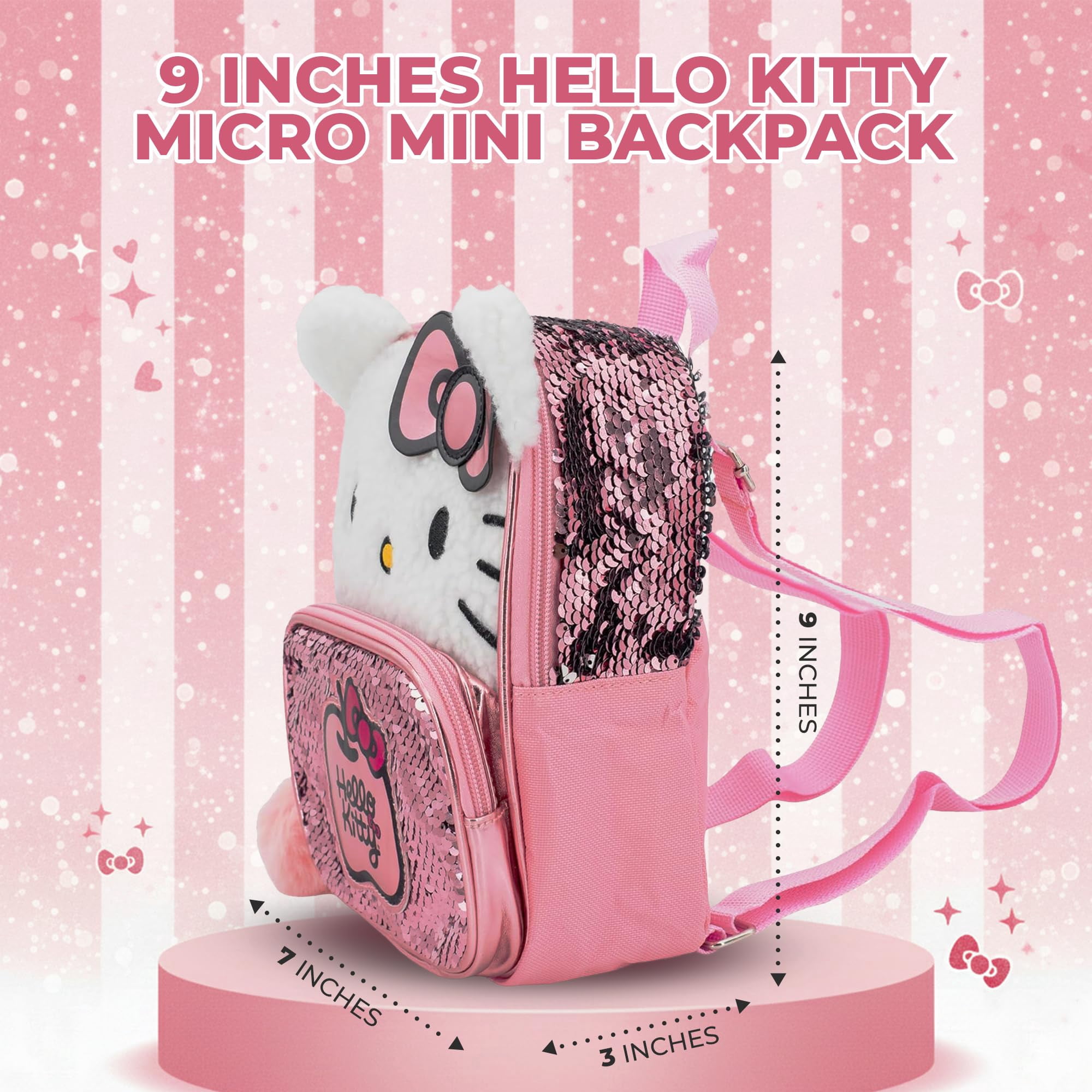 Hello Kitty 9” Micro Mini Backpack Purse Featuring 3D Ears & Bow, Sherpa & Sequin Material, & Pompom Dangle, Pink