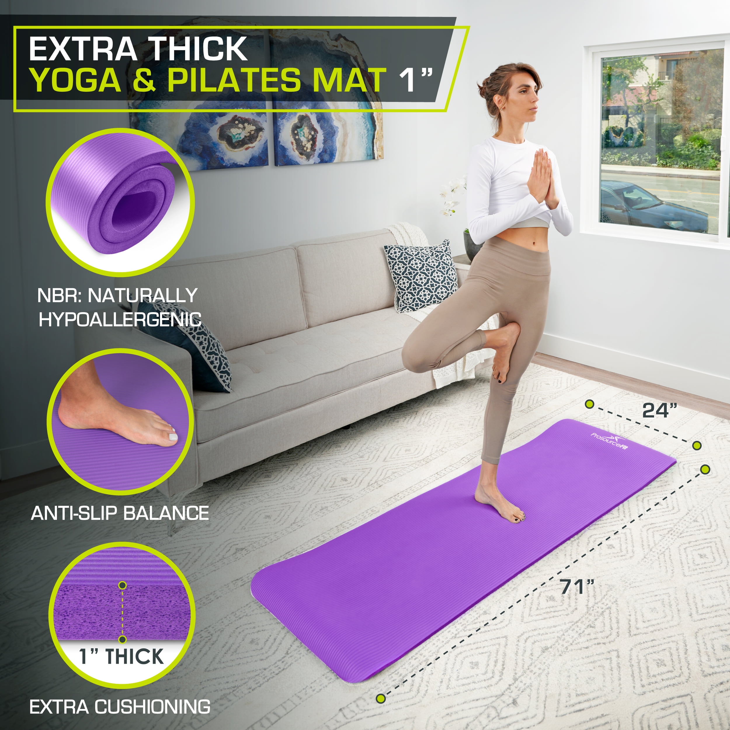 ProsourceFit Extra Thick Yoga and Pilates Mat 1 2 inch or 1 inch Thick for Fitness