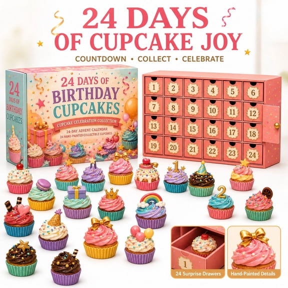 24-Day Birthday Countdown Calendar with Decorative Cupcakes and Drawers, 24-Piece, Pink Acrylic, for Party Decor, Decoration