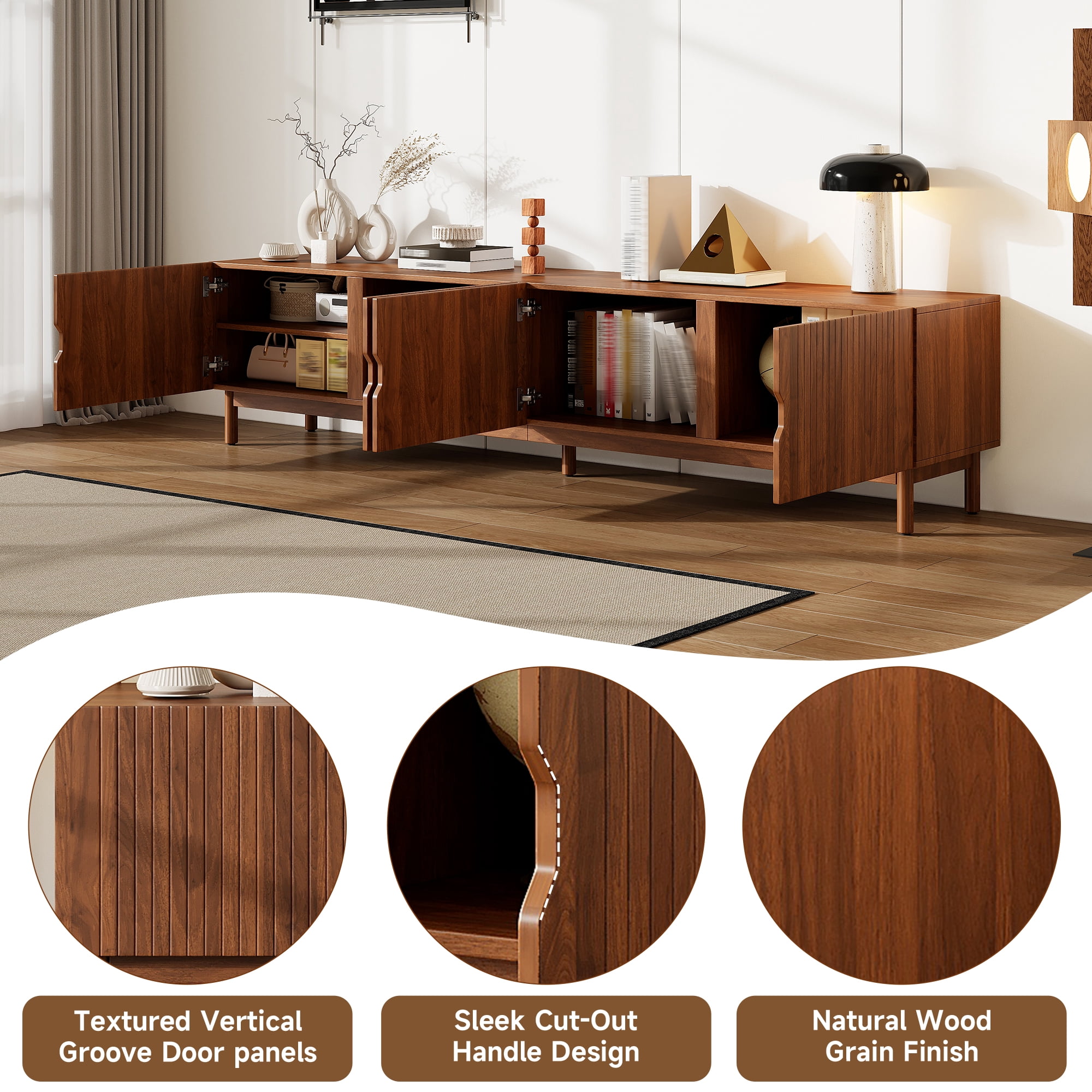 TV Stand for TVs up to 90 Inch, Entertainment Center with Vertical Groove Doors & 4 Cabinets, Media Console with Solid Wood Legs for Living Room