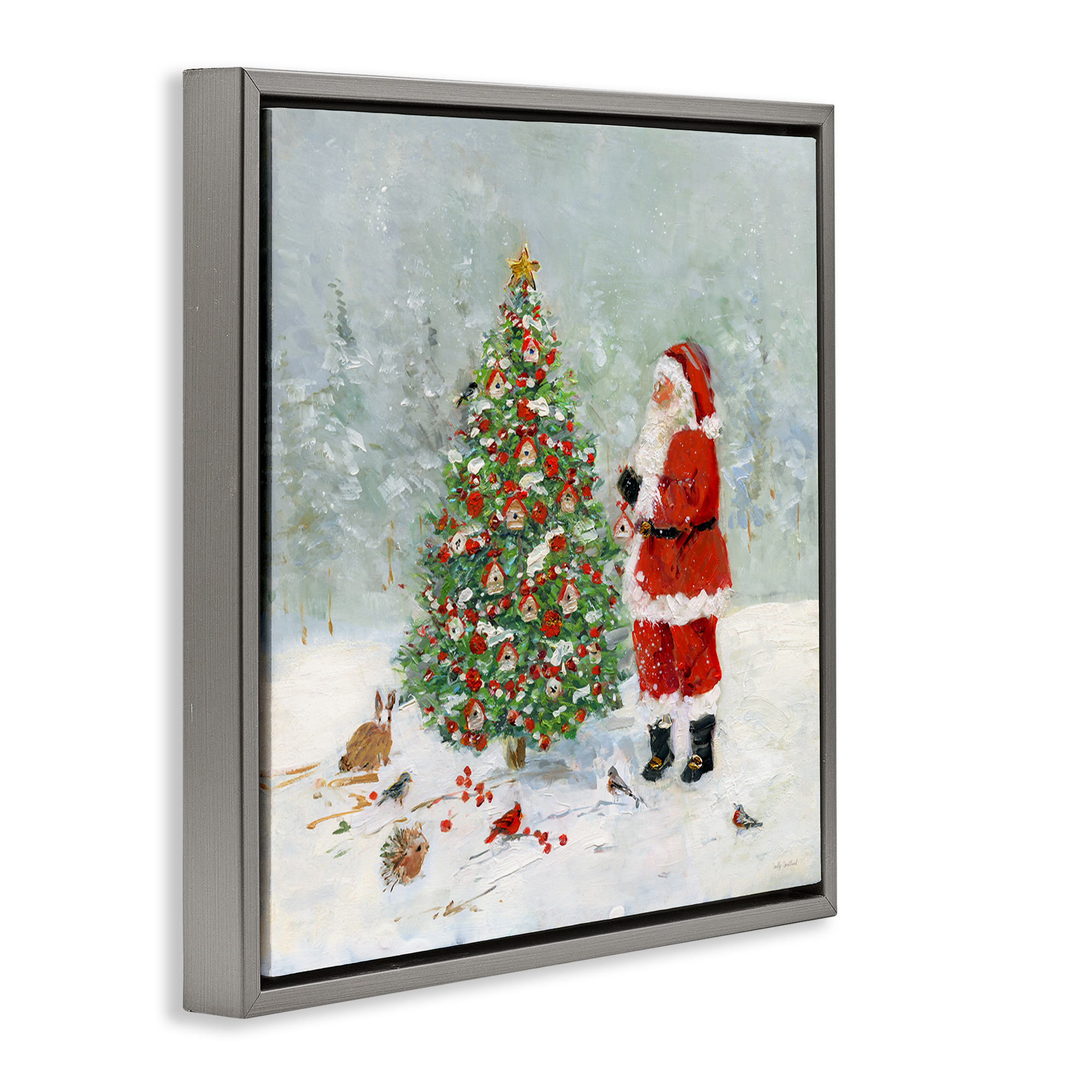 Stupell Industries Santa with Birdhouse Tree Holiday Painting Gray Floater Framed Canvas Art Prints Wall Art, 18 x 18