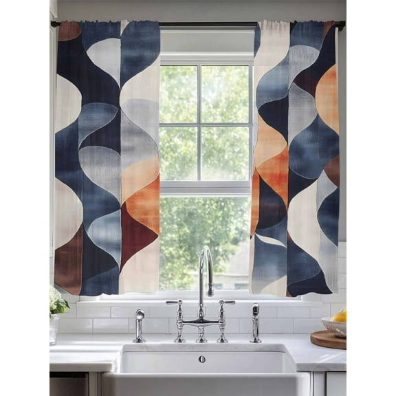 Navy Blue Burnt Orange Sheer Curtains for Living Room Bedroom Geometric Retro Abstract Sheer Curtains 72 Inch Long 2 Panels Set Light Filtering Curtain Window Treatments Drapes for Dining Room