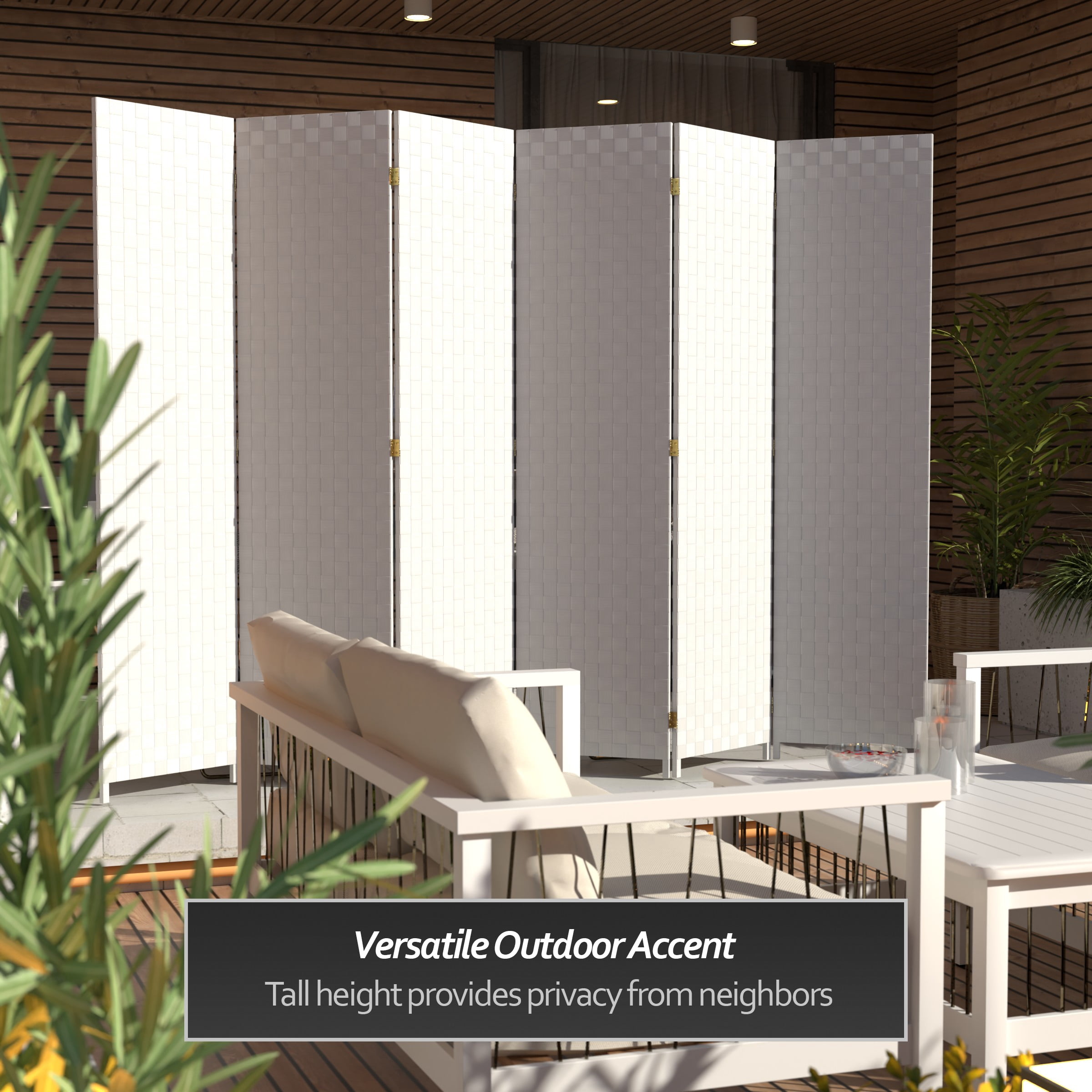Red Lantern 6 ft. Tall Woven Fiber Outdoor All Weather Room Divider - 6 Panel - White