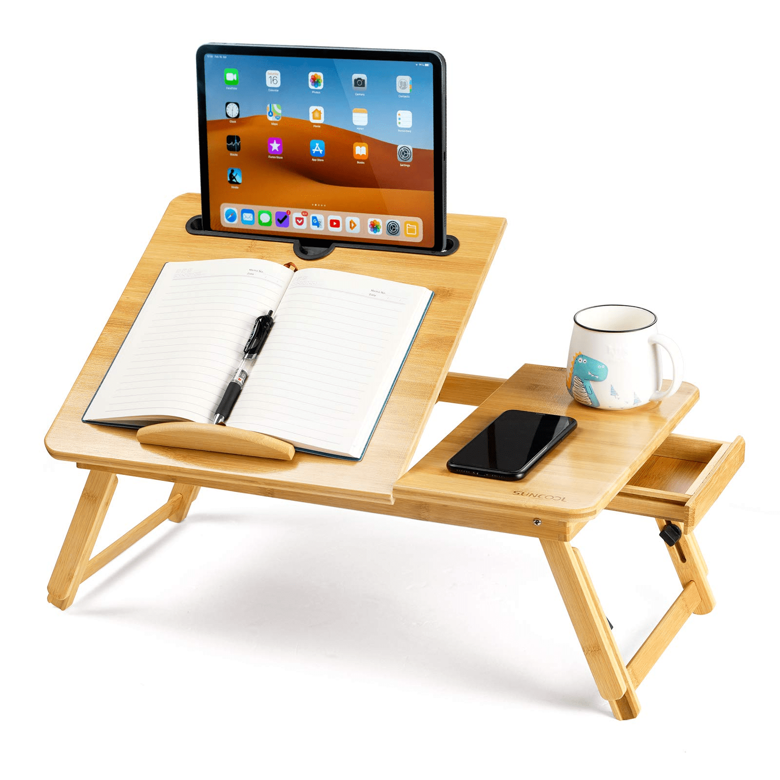 Bamboo Laptop Desk Serving Bed Tray with Drawer Computer Desk, Writing