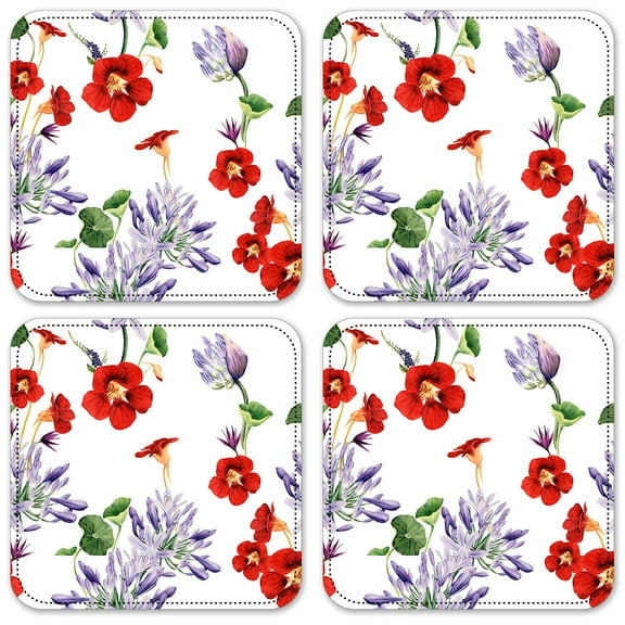 Vinyl Drink Coasters - Set of 4 - Red & Purple Flowers