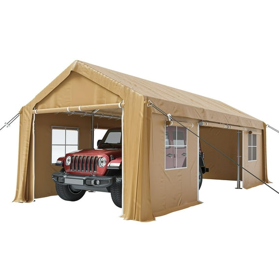 Towallmark Heavy Duty Carport 10'X20',Portable Garage with 4 Roll-Up Ventilated Windows & 4 Doors,Waterproof Car Canopy Outdoor Storage Shed for Truck Pickup Boat,Khaki