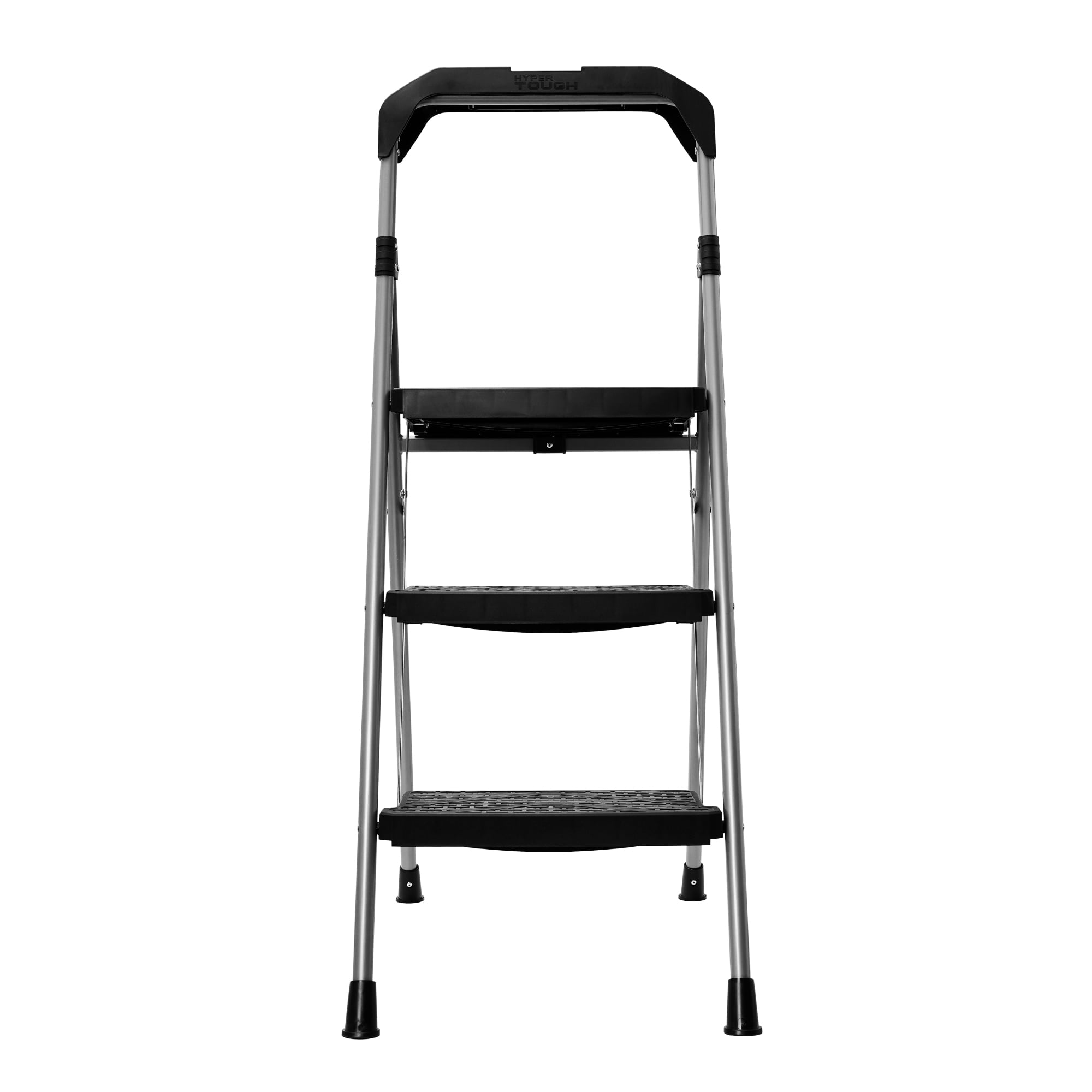 Hyper Tough 3-Step Foldable Steel Step Stool, Gray & Black, Large Platform, 300 lb Capacity