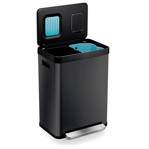 Home Zone Living 19 Gallon Dual Compartment Kitchen Trash Can with CleanAura Odor Control and Recycling Flap, Stainless Steel, Black
