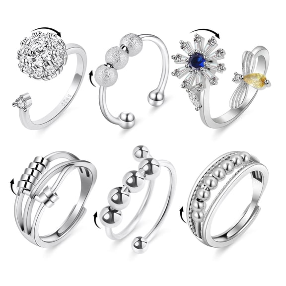 6PCS Anti Anxiety Fidget Ring for Women, Open Adjustable Ring, CZ Cubic Zirconia Rings for Women Stress Relief