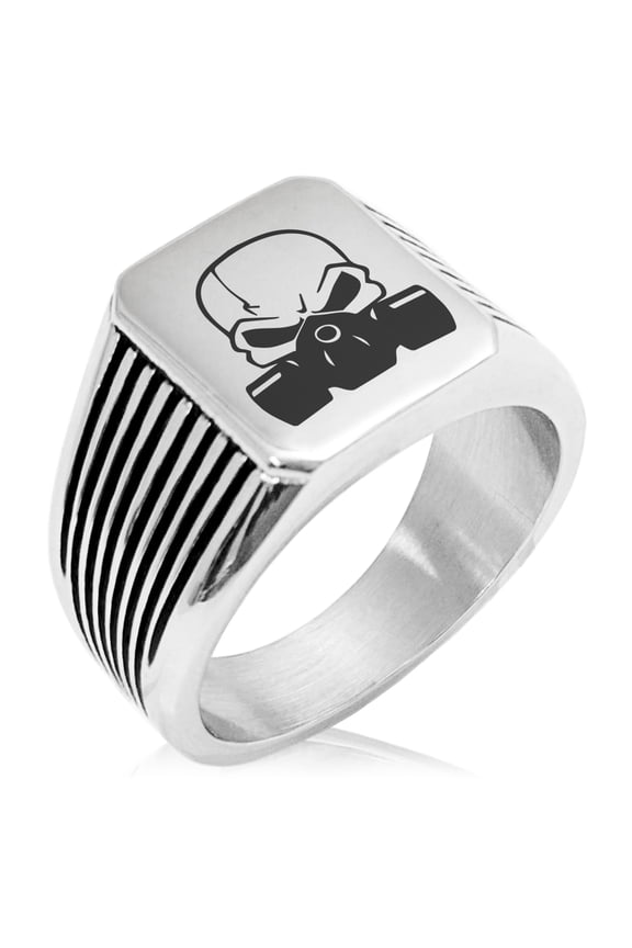 Stainless Steel Biohazard Death Skull Needle Stripe Pattern Biker Style Polished Ring