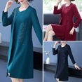 thumbnail image 2 of Quixlent 2 Pcs/Set Women Coat Dress Set Long Sleeve Flower Embroidered Mid Length Coat Sleeveless Solid Color V Neck Knee Length Dress Formal Elegant Style Lady Dress Coat Set, 2 of 7