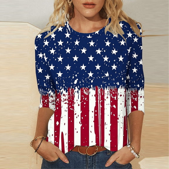 Rciityk 3/4 Sleeve Tops for Women Patriotic Independence Day Star Striped Print Crew Neck Summer Tops - 4th of July